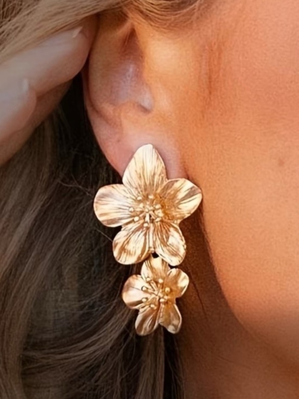 Gold Floral Double Drop Earrings - Women Jewelry